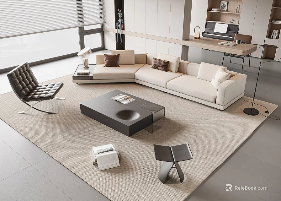 Modern Living Room With Beige L Shaped Sofa And Black Coffee Table Set 3d model 