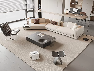 Modern Living Room With Beige L Shaped Sofa And Black Coffee Table Set 3d model