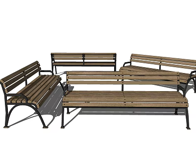 Set of Classic Wooden Outdoor Benches With Sturdy Metal Frame Design 3d model