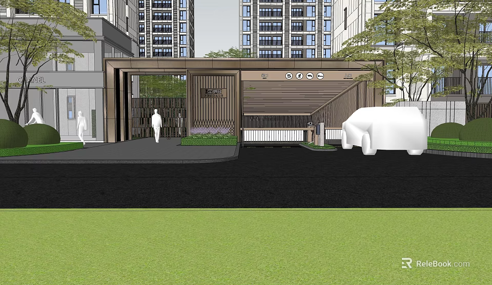Modern Garden Landscape With Architectural Entrance Greenery Lawn And White Sculpture 3d model 