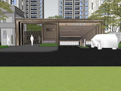 Modern Garden Landscape With Architectural Entrance Greenery Lawn And White Sculpture 3d model