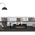 Modern Light Gray Sofa Coffee Table Combination with Plush Pillows and Round Black Table Top 3d model