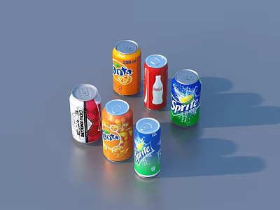 Assorted Carbonated Beverage Cans With Orange Cola And Lime Flavors On Blue Surface 3d model