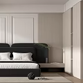 Modern Bedroom Interior With Black Headboard White Pillows Black Chair Blinds And Wooden Walls