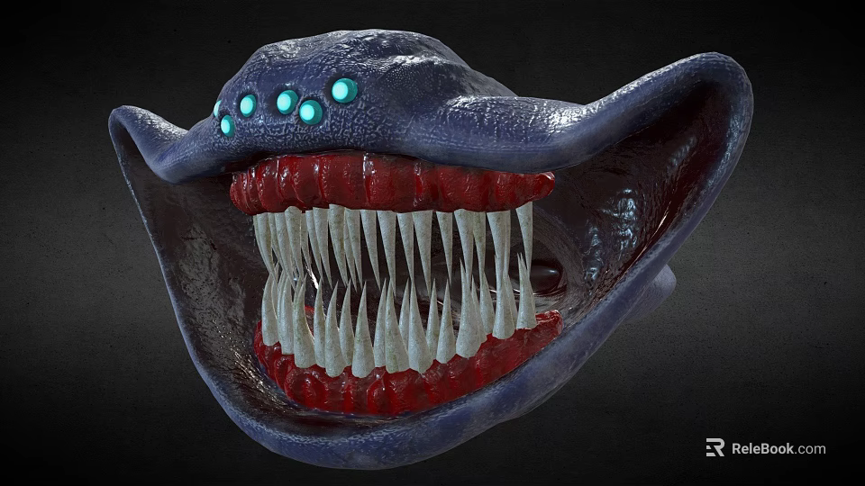 Game Movie Monster Character With Open Mouth Sharp Teeth Red Gums And Glowing Green Eyes 3d model 