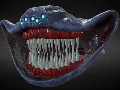 Game Movie Monster Character With Open Mouth Sharp Teeth Red Gums And Glowing Green Eyes 3d model
