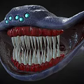 Game Movie Monster Character With Open Mouth Sharp Teeth Red Gums And Glowing Green Eyes