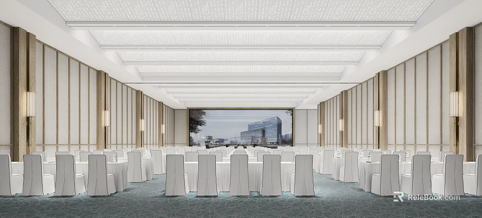 Elegant Banquet Hall Interior With White Chairs Arranged Tables And Large Windows View 3d model 