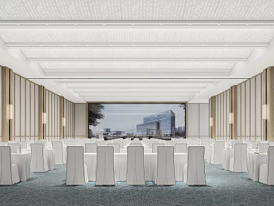 Elegant Banquet Hall Interior With White Chairs Arranged Tables And Large Windows View 3d model