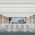 Elegant Banquet Hall Interior With White Chairs Arranged Tables And Large Windows View
