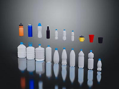 Collection of Assorted Beverage Bottles and Cups in Various Colors Sizes and Designs 3d model
