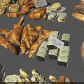 Stone Wood Display Featuring Assorted Breads Cookies Nuts And Small Labels 3d model