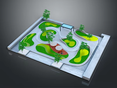 Top View Of Landscaped Garden With Winding Green Lawns Trees And Central Pavilion Walkways 3d model
