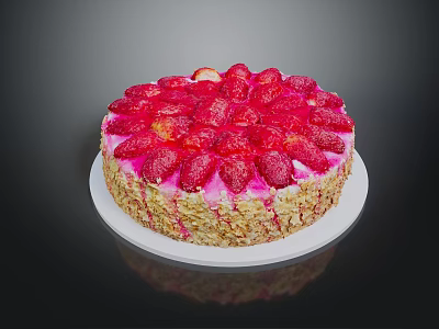 Delicious Fresh Strawberry Cake With Cream Layer Almond Flakes And White Plate 3d model
