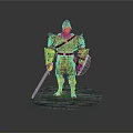 Medieval Armored Man Standing on Stone Pavement With Sword and Shield