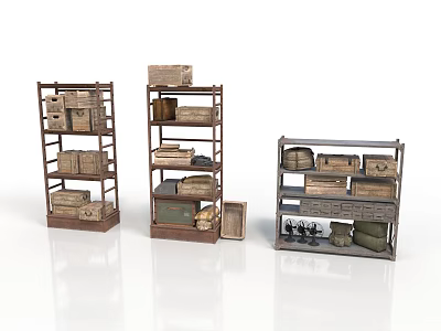 Three Different Storage Shelves With Vintage Crates Drawers And Boxes 3d model