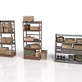 Three Different Storage Shelves With Vintage Crates Drawers And Boxes