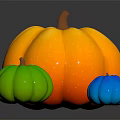Three Vibrant Orange Green And Blue Pumpkins on Black Background with Reflection