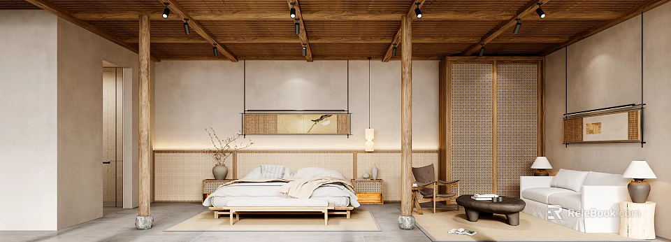 Minimalist Hotel Guest Room With Wooden Ceiling Hanging Painting Beige Bedding And Lattice Partition 3d model 