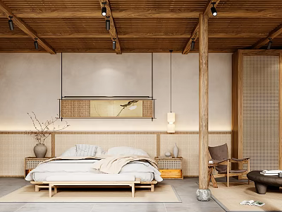 Minimalist Hotel Guest Room With Wooden Ceiling Hanging Painting Beige Bedding And Lattice Partition 3d model