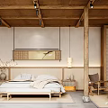 Minimalist Hotel Guest Room With Wooden Ceiling Hanging Painting Beige Bedding And Lattice Partition