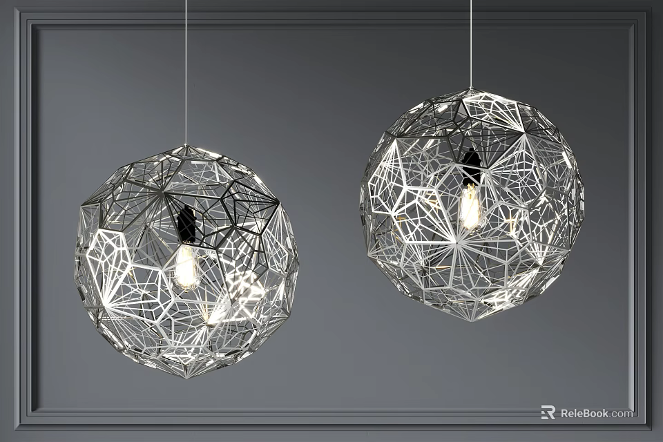Transparent Spherical Chandeliers With Geometric Line Design Illuminated On Grey Background 3d model 