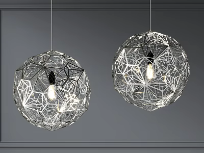 Transparent Spherical Chandeliers With Geometric Line Design Illuminated On Grey Background 3d model