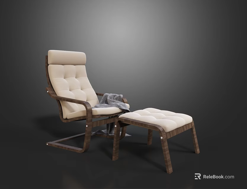 Modern Leisure Chair With Beige Padded Cushion Wooden Frame And Gray Blanket Ottoman 3d model 