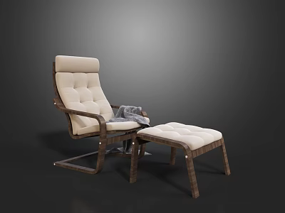 Modern Leisure Chair With Beige Padded Cushion Wooden Frame And Gray Blanket Ottoman 3d model