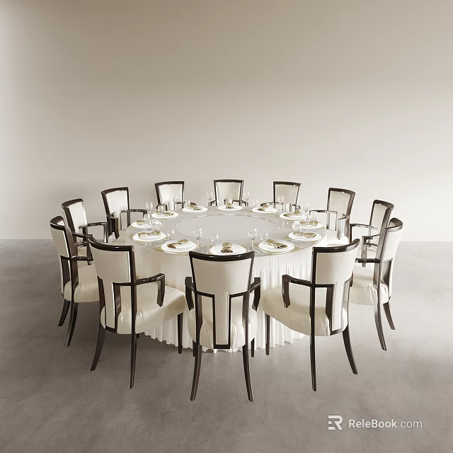Elegant Round Dining Table Set with Chairs White Tablecloth and Tableware for Dining Room 3d model