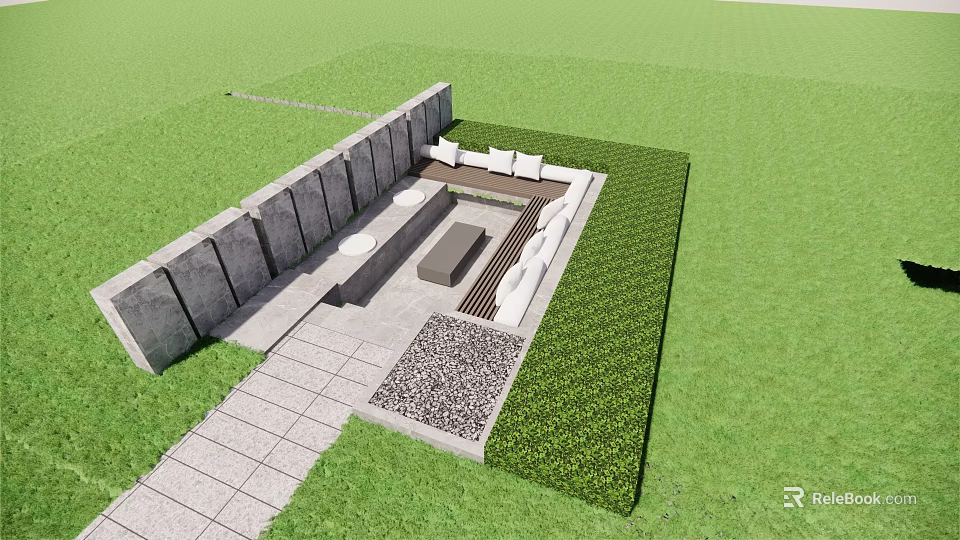 White Outdoor Sofa In Modern Garden With Stone Wall And Paved Floor 3d model 