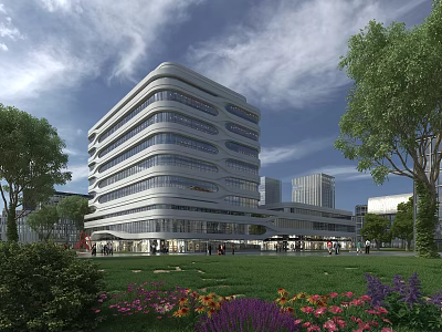 Modern Hotel Building With Curved Glass Facade Green Garden Pedestrians And Blue Sky Clouds 3d model