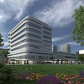 Modern Hotel Building With Curved Glass Facade Green Garden Pedestrians And Blue Sky Clouds