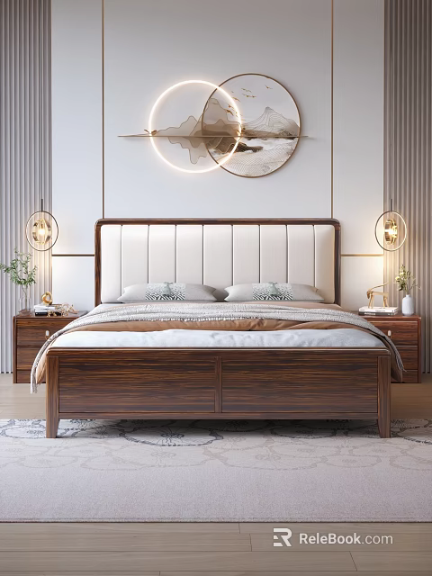 Modern Minimalist Bedroom Interior With Wooden Bed Upholstered Headboard Nightstands And Round Wall Art 3d model 