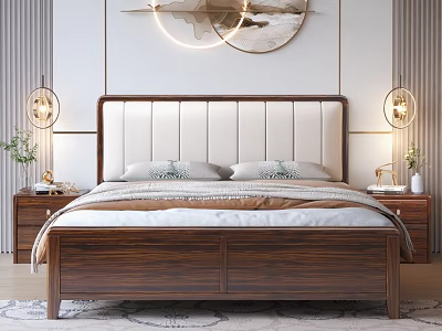 Modern Minimalist Bedroom Interior With Wooden Bed Upholstered Headboard Nightstands And Round Wall Art 3d model