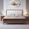 Modern Minimalist Bedroom Interior With Wooden Bed Upholstered Headboard Nightstands And Round Wall Art