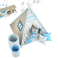 Kids Teepee Tent with Blue Triangle Pattern Star Garlands Airplane Toy and Soft Pillows