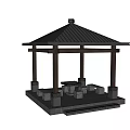 Garden Landscape Featuring Traditional Wooden Gazebo With Stone Base And Table Under Blue Sky