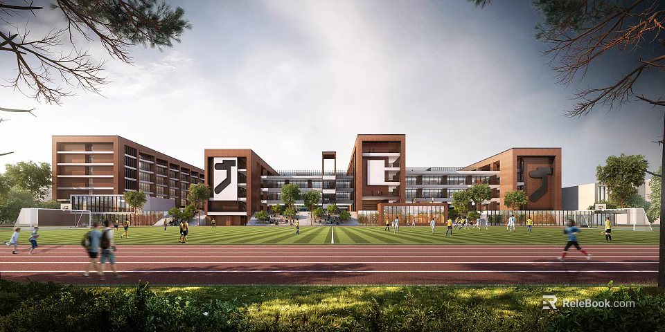 Modern School Building Exterior With Sports Field Running Track Greenery And Students 3d model 