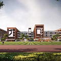 Modern School Building Exterior With Sports Field Running Track Greenery And Students