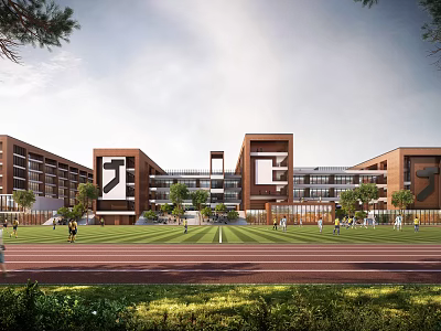 Modern School Building Exterior With Sports Field Running Track Greenery And Students 3d model