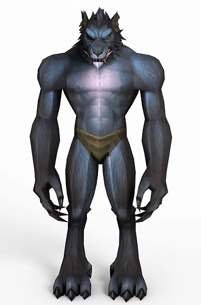 Tech Exhibition Hall Showcasing Muscular Blue Creature With Golden Shorts And Clawed Fingers 3d model
