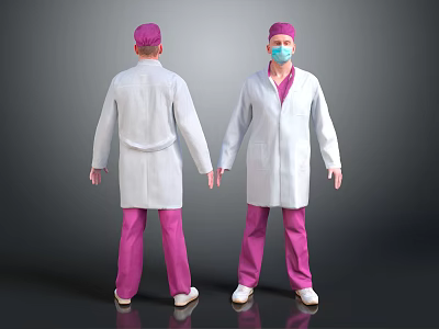 Man In White Coat Pink Pants Pink Cap And Blue Mask Two Angles View 3d model