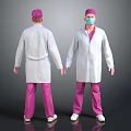 Man In White Coat Pink Pants Pink Cap And Blue Mask Two Angles View