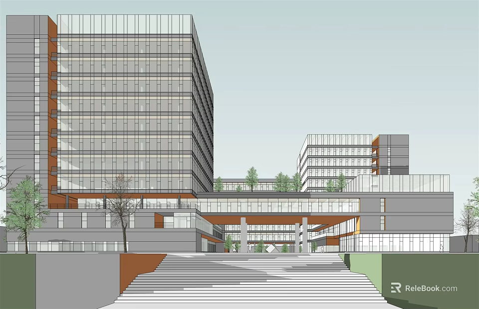 Modern Office Building With Glass Facade Multi Storey Design And Front Steps 3d model