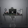 Modern Gaming Desk Setup With Computer Monitor Ergonomic Chair Headset And PC Tower