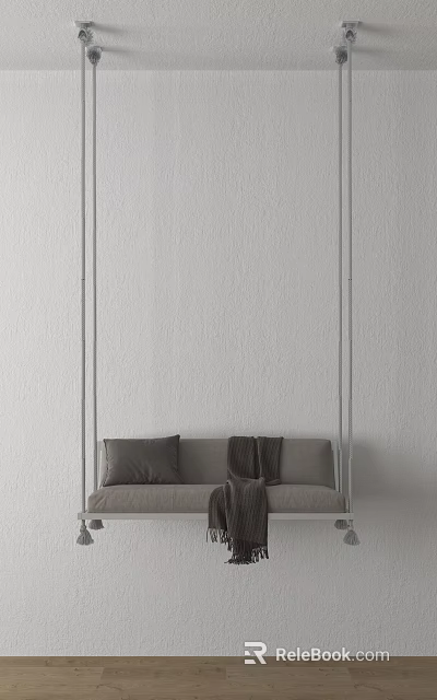 Grey Sofa Style Hanging Chair With Soft Pillow And Warm Blanket Against Minimalist White Wall 3d model 