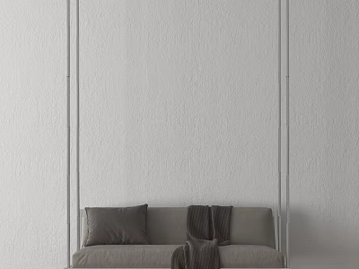 Grey Sofa Style Hanging Chair With Soft Pillow And Warm Blanket Against Minimalist White Wall 3d model
