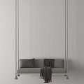 Grey Sofa Style Hanging Chair With Soft Pillow And Warm Blanket Against Minimalist White Wall
