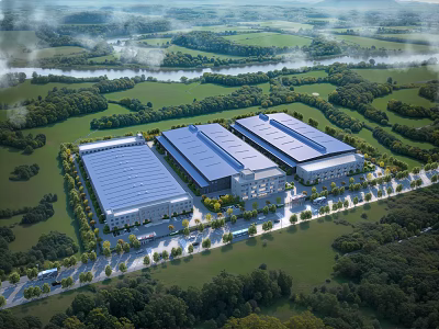 Modern Industrial Factory Complex With Green Surroundings River And Metal Roof Buildings 3d model